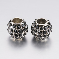 Aleación Diamante de imitación abalorios europeas, Abalorios de grande agujero, rerondana plana, Platino, negro, 10.5x9.5mm, agujero: 5 mm