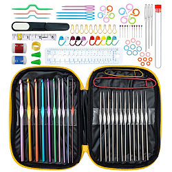 Kit de herramientas de arte artesanal para tejer a mano diy para principiantes, con estuche de almacenamiento, conjunto de agujas de crochet, agujas de tejer, marcador de puntada de agujas, tijera, amarillo, 18.5x13.5x2 cm
