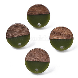 Orecchini a bottone in resina opaca e legno di noce, con 304 perno in acciaio inox, rotondo e piatto, verde oliva scuro, 15mm, Foro: 1.8 mm, ago :0.7mm