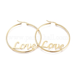 304 Stainless Steel Hoop Earrings, for Valentine's Day, Ring Shape with Word Love, Golden, 12 Gauge, 53x58x2mm, Pin: 1x0.5mm