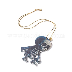Gros pendentifs de style halloween en acrylique avec cloche en laiton et cordon en nylon, squelette, bleu marine, 328x0.9mm