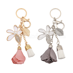 CHGCRAFT 2Pcs 2Colors Flower Keychain Rhinestone with Tassel Leaf Key Ring for Women Wallet Bag Pendant Charms, Platinum Light Gold