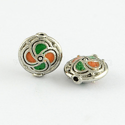 Flat Round Handmade Indonesia Beads, with Alloy Cores, Antique Silver, Green, 14x8mm, Hole: 1.5mm