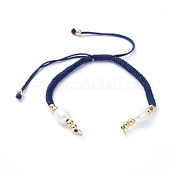 Création de bracelets de corde en nylon tressée, avec perles d'eau douce naturelles et accessoires en laiton, or, bleu minuit, 6-7/8 pouce (17.5 cm), 4mm
