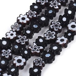 Chapelets de perle de millefiori en verre manuelles, fleur, noir, 4~7.2x2.6mm, Trou: 1mm, Environ 60~69 pcs/chapelet, 16 pouce (40 cm)