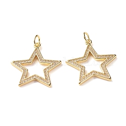 Brass Micro Pave Clear Cubic Zirconia Pendants, Cadmium Free & Lead Free, Star, Real 18K Gold Plated, 22.65x21x1.5mm, Hole: 3.5mm