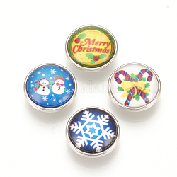 Bottoni automatici in vetro ottone modello natalizio, pulsanti di gioielli, rotondo e piatto, platino, colore misto, 18x9mm, knob: 5.5mm