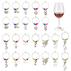 24 pièces 12 style pendentif en alliage de style tibétain et anneau en laiton breloques de verre à vin, avec galvanoplastie verre et perles de laiton, chat, argent antique, 42~66mm, 2 pièces / style