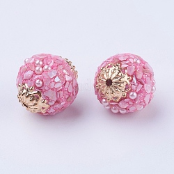 Abalorios de indonesia hecho a mano, con fornituras de metal, redondo, rosa perla, 19x18mm, agujero: 1.5 mm