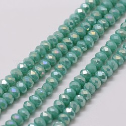 Fili di perle di vetro placcato, rondelle, sfaccettato, arcobaleno placcato, verde mare medio, 3x2mm, Foro: 1 mm, circa 120~125pcs/filo, 12.4 pollice