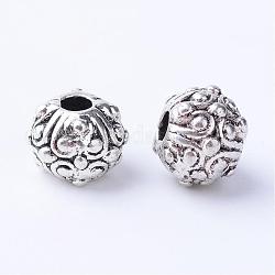 Tibetischer stil legierung perlen, Runde mit Blume, Cadmiumfrei und Nickel frei und Bleifrei, Antik Silber Farbe, 11x8~8.5 mm, Bohrung: 3 mm, ca. 375 Stk. / 1000 g