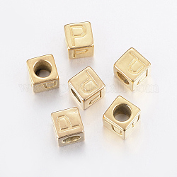 304 perline europee di grandi dimensioni in acciaio inossidabile, foro orizzontale, cubo con letter.p, oro, 8x8x8mm, Foro: 5 mm