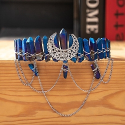 Diademas de metal con forma de luna y cadena, Aro de pelo envuelto en cristal de cuarzo natural para mujer y niña, azul, 150x130mm