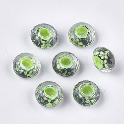 Resina perline europei, perline con foro grande, sfaccettato, rondelle, modello di fiore, giallo verde, 14x8mm, Foro: 4.5~5 mm