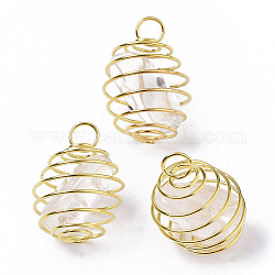 Ciondoli a gabbia di perline a spirale avvolgenti in ferro, con perle di cristallo di quarzo naturale all'interno, tondo, oro, 21x24~26mm, Foro: 5 mm