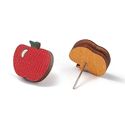 Orecchini a bottone pasquali in legno naturale, 316 gioiello in acciaio inossidabile per donna, Modello di mela, 14.6x14.6mm, ago :0.6mm