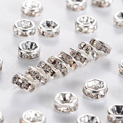 Flat Round Brass Grade A Rhinestone Spacers Beads, Silver Color Plated, Crystal, 4x2mm, Hole: 1mm