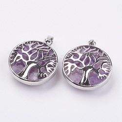 Natural Amethyst Pendants, with Platinum Tone Brass Findings, Flat Round with Tree of Life, 31.5x28x11.5mm, Hole: 5x7mm