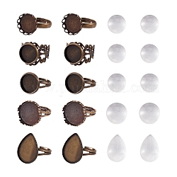 Kits de fabricación de anillos de dedo fashewelry, Incluye 40 componente de anillos de dedo de latón ajustable., 40 pieza de cabujones de vidrio transparente en forma de lágrima, Bronce antiguo, cabujones de vidrio: 40pcs