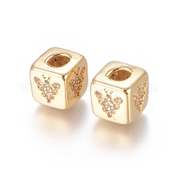 Brass Micro Pave Cubic Zirconia Beads, Long-Lasting Plated, Cube with Bees Pattern, Golden, Clear, Golden, 10x8x8.5mm, Hole: 1.5x3.5mm and 4mm