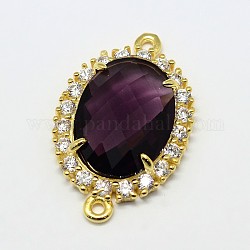 Golden Plated Brass Faceted Glass Oval Links Connectors, with Micro Pave Cubic Zirconia, Purple, 29x18x6mm, Hole: 1mm