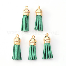 Décorations de pendentif pompon en daim, avec embouts de cordon en plastique ccb, or clair, vert de mer moyen, 33~35x10mm, Trou: 2.5mm