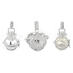 Mixed Styles Brass Cage Pendants, Chime Ball Pendants, with Brass Spray Painted Silver Beads, Lead Free & Nickel Free & Cadmium Free, Platinum, 26~30x23~28x19~24mm, Hole: 7x3mm