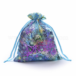 Organza Gift Bags, Drawstring Bags, with Colorful Coral Pattern, Rectangle, Dark Turquoise, 18x13cm
