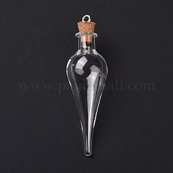 Каплевидная стеклянная пробковая бутылка большие подвески, стеклянная пустая бутылка желаний, с железными петлями в тон платимена, прозрачные, 7.05 см, отверстие : 2.5 мм