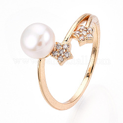 Anello da dito con stelle, perle naturali e zirconi, anelli di barretta di ottone, vero placcato oro 18k, misura degli stati uniti 7 (17.3mm)