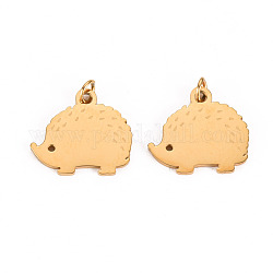 304 Stainless Steel Charms, with Jump Rings, Laser Cut, Hedgehog, Real 14K Gold Plated, 11x12x1mm, Jump Ring: 2.8x0.5mm, 1.8mm inner diameter