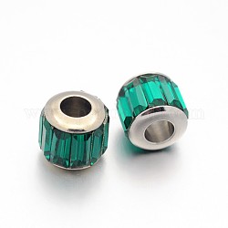 Faceted Column Glass European Beads, Large Hole Drum Beads, with 304 Stainless Steel Core, Stainless Steel Color, Sea Green, 11x10mm, Hole: 5mm