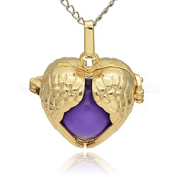 Golden Tone Brass Hollow Heart Cage Pendants, with No Hole Spray Painted Brass Ball Beads, Blue Violet, 28x30x16mm, Hole: 3x8mm