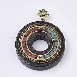 Handmade Indonesia Pendants, with Alloy Findings, Sandalwood and Resin, Antique Golden, Donut, Lotus, Brown, 48~49x44x10mm, Hole: 7x4mm