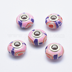 Handgemachte  europäischen Fimo-Perlen, mit versilberten Messingkernen, Großloch perlen, Rondell, rosa, 13~16x8~11 mm, Bohrung: 4.5~5 mm