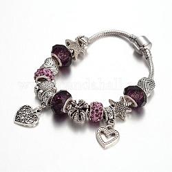 Lega strass perline braccialetti europei, con perle di vetro e catena in ottone, indaco, 190mm