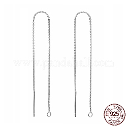 Rhodium Plated Sterling Silver Stud Earring Findings, Ear Threads, Box Chains, Platinum, 100x0.65mm, Hole: 1~2mm