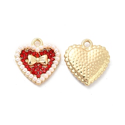 Colgantes de aleación de Diamante de imitación, con cuentas de perlas de imitación de plástico abs, corazón en tono dorado con dijes de lazo, Tailandia ligera, 17x16x3mm, agujero: 1.8 mm