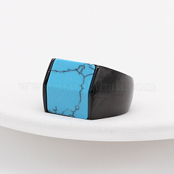 Rectangle Synthetic Turquoise Finger Ring, Electrophoresis Black Titanium Steel Jewelry, Electrophoresis Black, Inner Diameter: 17.4mm