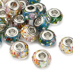 Perles européennes vernissées manuelles, avec strass, perles de rondelle avec grand trou , en laiton de tonalité de platine noyaux doubles, rondelle, couleur mixte, 14.5x9mm, Trou: 4.5mm