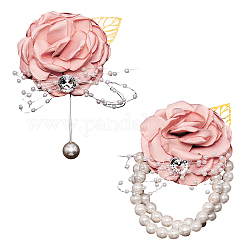 Polso in tessuto di seta imitazione fiore, con braccialetti elastici in simil perla, per nozze, decorazioni per feste, roso, 75~110x65~75x31~34mm