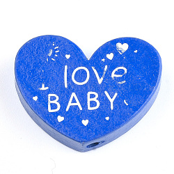 Cuentas de madera naturales, teñido, corazón con palabra amo bebe, para el dia de san valentin, azul, 23x29x7mm, agujero: 2.5 mm