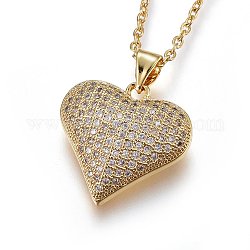 304 Stainless Steel Pendant Necklaces, with Cubic Zirconia, Heart, Clear, Golden, 17.71 inch(45cm)