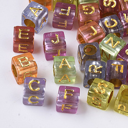 Perles acryliques plaquées transparentes, trou horizontal, cube avec lettre initiale aléatoire, couleur mixte, 6x6x6mm, Trou: 3.5mm, environ 384 pcs/50 g