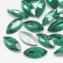 Pointed Back Glass Rhinestone Cabochons, Back Plated, Faceted, Horse Eye, Med.Emerald, 12x6x3.5mm