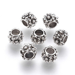 Perles européennes sans cadmium, sans nickel et sans plomb, Plaqué longue durée, Perles avec un grand trou   , rondelle avec motif de fleurs, argent antique, 10x7mm, Trou: 5mm