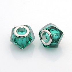 Transparent Resin European Beads, Large Hole Beads, with Platinum Brass Double Cores, Faceted, Rondelle, Teal, 13x10mm, Hole: 5mm