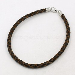 Braided Leather Bracelets Making, with Sterling Silver Lobster Claw Clasps, Coffee, 200x3.5mm