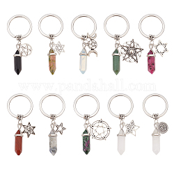 10Pcs Bullet Gemstone Pendant Keychain, with Alloy Mixed Star Pendant and 304 Stainless Steel Key Rings, 7.8~8cm