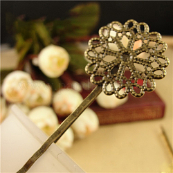 Bobby-Pin-Zubehörse aus Zinklegierung, mit filigranen Blumen Cabochon Lünette Fassungen, Antik Bronze, 64 mm, Filigranes Blumentablett: 25mm